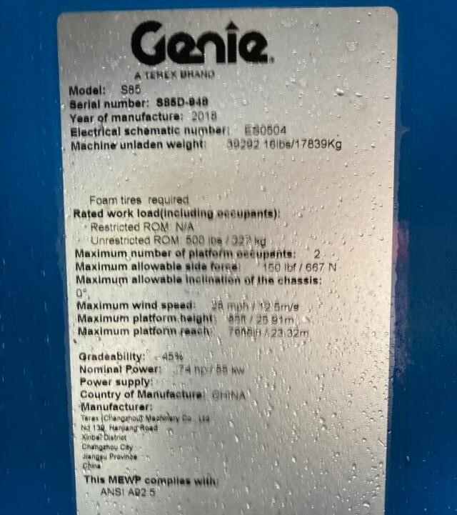 2018 Genie S-85-6